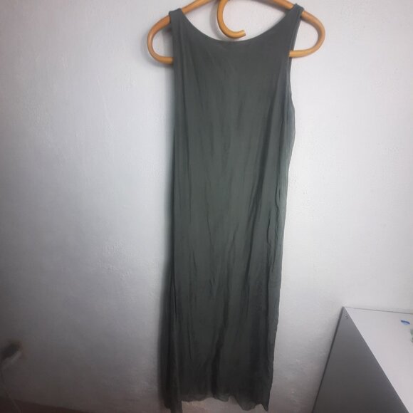 Sofia Made in Italy Army Green Silk Sleeveless Dress Size Small/Med Flowy Midi - Picture 3 of 8